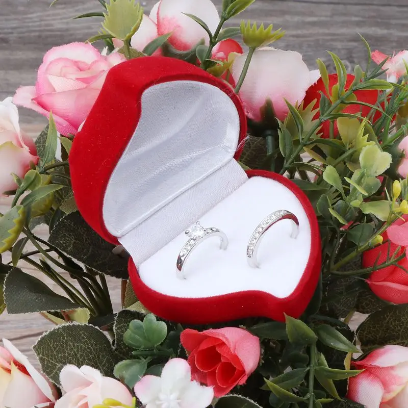 Двойные свадебные кольца коробка бархат в форме сердца Красная роза цветок коробка ювелирных изделий дисплей