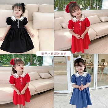 

girls dress children red brim fashion lace princess dress children short sleeve new summer dress