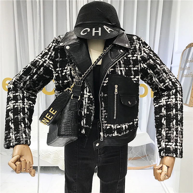 

Tweed Women leather Coats Jackets 2019 Fall Streetwear Pockets Turn-down Collar Fasihon Women's Jackets Patchwork PU coat PY87