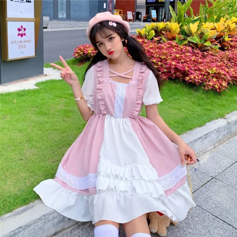 Fotoshoot Japanse Stijl Zachte Meisje Rok Lolita Dagelijks Leven Meisje Leuke Roze Frilled Korte Mouwen Jurk Zomer Fotoshoot Japanse Stijl Zachte Meisje Rok Lolita Dagelijks Leven Meisje Leuke Roze Frilled Korte Mouwen Jurk Zomer