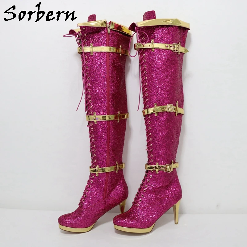Sorbern Blue Glitter Mid Thigh High Boots For Corssdresser Performance