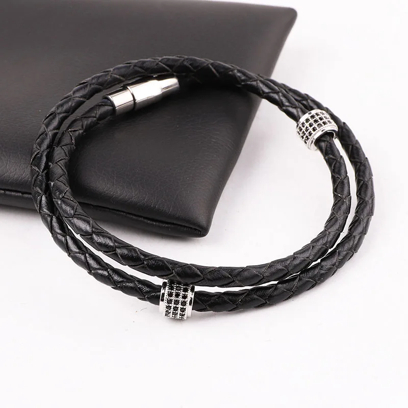 High Quality 316L Stainless Steel Clasp CZ Pave Tube Genuine Leather Bracelet Men Jewelry Gift - Image 5
