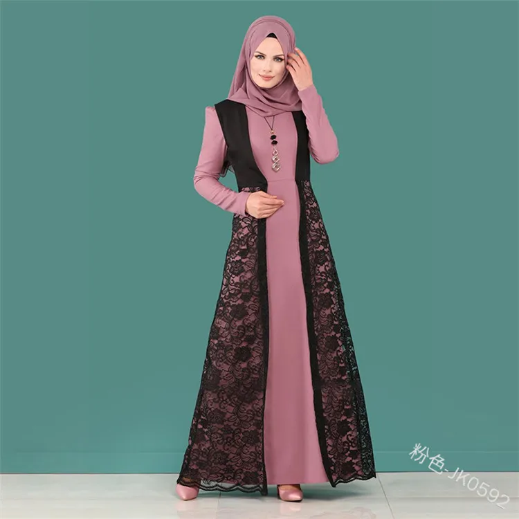 WEPBEL мусульманское женское платье abaya с длинным рукавом, кружевное тонкое Новое повседневное модное лоскутное элегантное женское платье с круглым вырезом, Длинные Макси платья - Цвет: Розовый