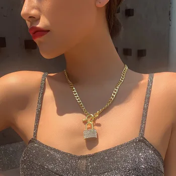 

KMVEXO Shiny Crystal Lock Pendant Necklace Jewelry For Women Men Punk LOVE Padlock Couple On Neck Chains Necklace Gifts 2020