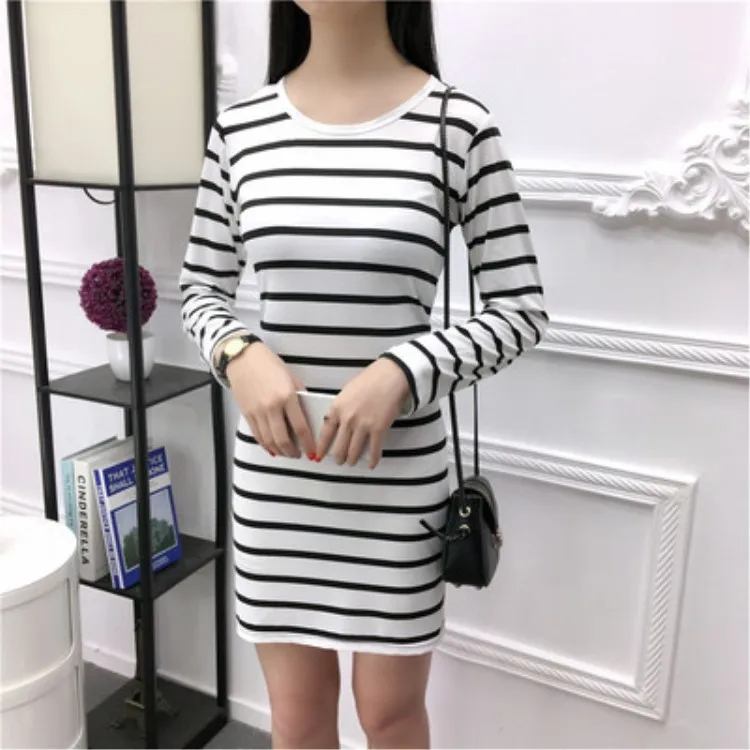 

2018 Autumn And Winter Korean-style Long Sleeve Crew Neck Stripes Mid-length Dress Women's Slim Fit Slimming Base on Clothes Wom
