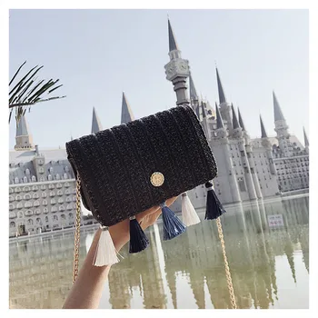 

Aequeen Straw Bag Female Summer Beach Rattan Chain Bag Women Tassel Woven Crossbody Bag Small Shoulder Handbags Purses Black New