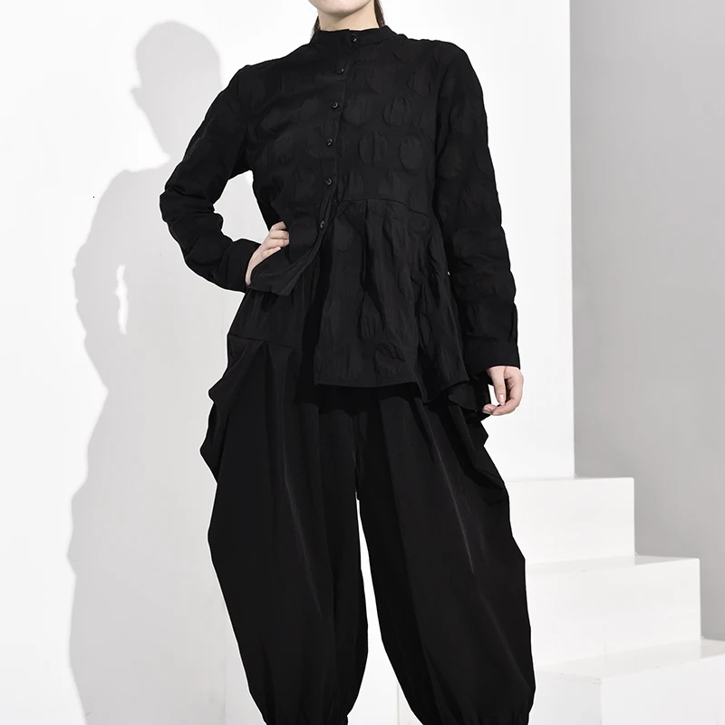  LANMREM Japan Style Trend Irregular Long Sleeve Cotton Shirt Polka Dot Womens Tops And Blouses 2020