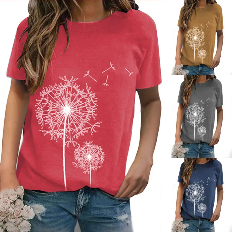 Women's Summer Fashion Printed Dandelion Round Neck Plus Size T Shirts Casual Loose Tops S-5XL