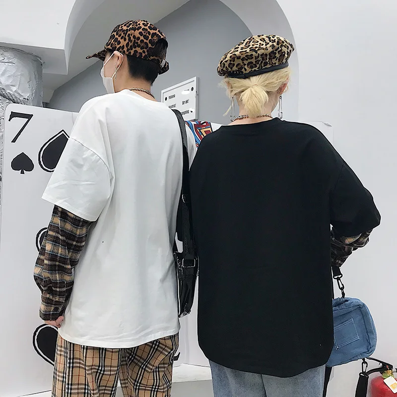 Корейские простые объемные Графические футболки женские рубашки harajuku футболка с длинным рукавом для отдыха клетчатая Лоскутная футболка белые черные топы