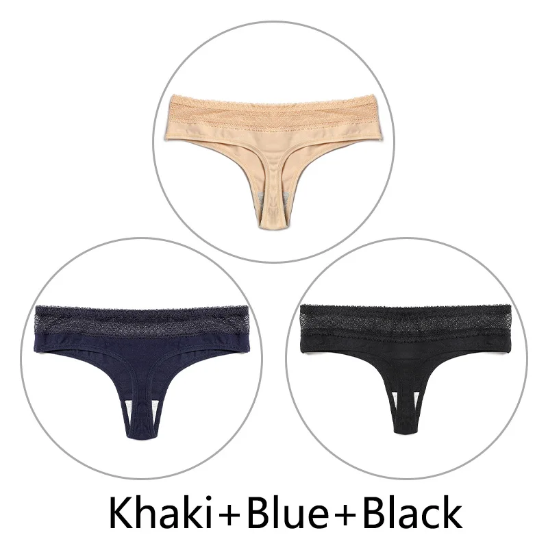 Khaki Blue Black 3 шт./партия, стринги из чистого хлопка, женское нижнее белье, сексуальные кружевные трусики, стринги, нижнее белье ажурные дышащие трусики M-3XL, большие размеры - Цвет: Khaki Blue Black