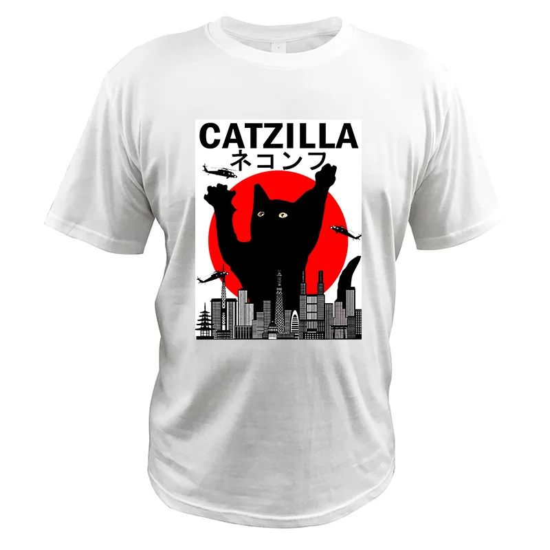 Catzilla футболка японский закат стиль кошка Винтаж котенок Любовник подарок футболка Crewneck мягкие черные топы хлопок - Цвет: Белый