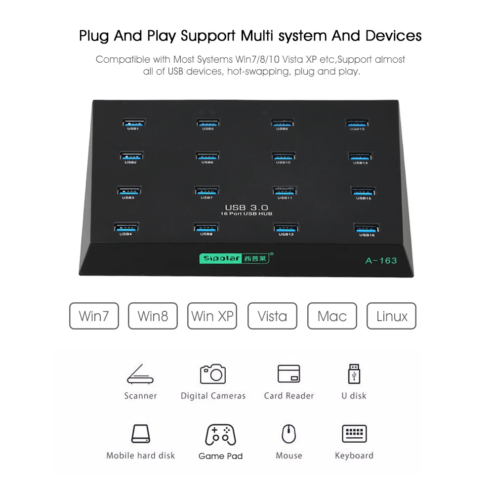 Sipolar 16 портов USB 3,0 концентратор для USB дубликаторов USB флэш-копиры USB флэш-накопитель Дубликаторы с 5V5A адаптер питания A-163