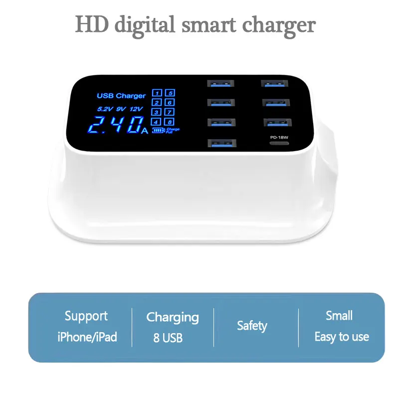 Hot shell New quick charger 8 USB interface wireless fast charge smart HD Digital Fast Charger multitool with type C 18W