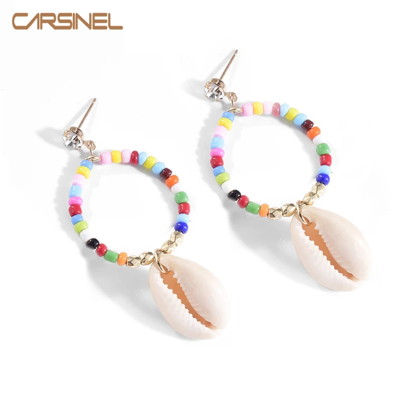 

CARSINEL Brand 2019 New Fashion Rose gold color Cowrie Sea Shell Earrings For Women Colorful wooden beads Drop Earrings ER0704