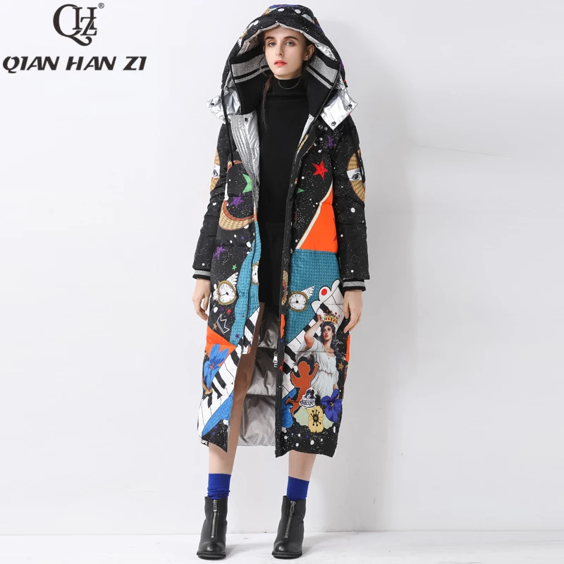 Qian Han Zi бренд печати высокого качества белый утиный пух теплый пуховик длинное пальто женские толстые зимние Свободные пиджаки Женское пальто