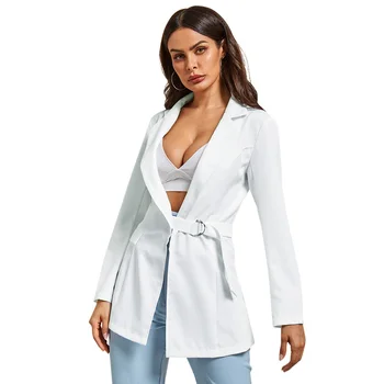 

Thin Blazers Belted Waist Spring Suit Jackets Long Blazer Women Coats Blazer White Plunging Neck Lapel Long Sleeves Suit Coat
