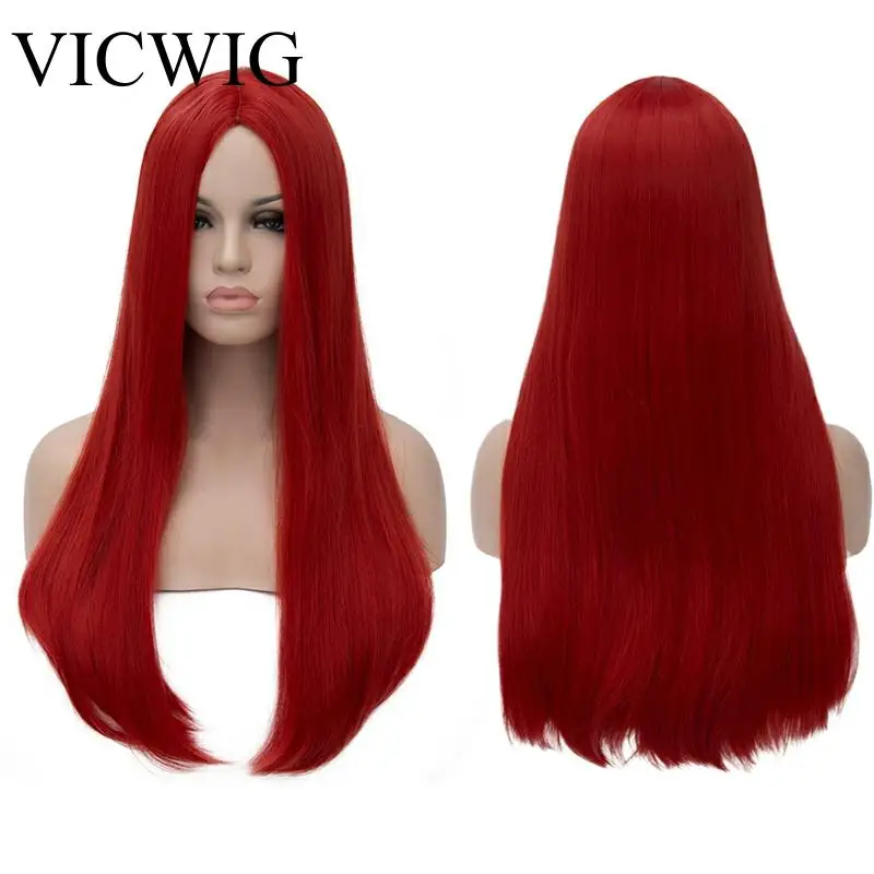 

VICWIG 24 Inch Long Straight Hair Red Silver Black Grey White Blonde Green Wig Synthetic Middle Part Women Wigs