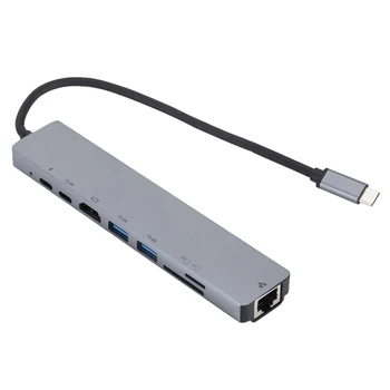 

8 In 1 Travel Extender RJ45 Adapter Home Office Mini Portable 4K HDMI USB C Hub For PC Laptop Type-c PD Charging Multi Splitter