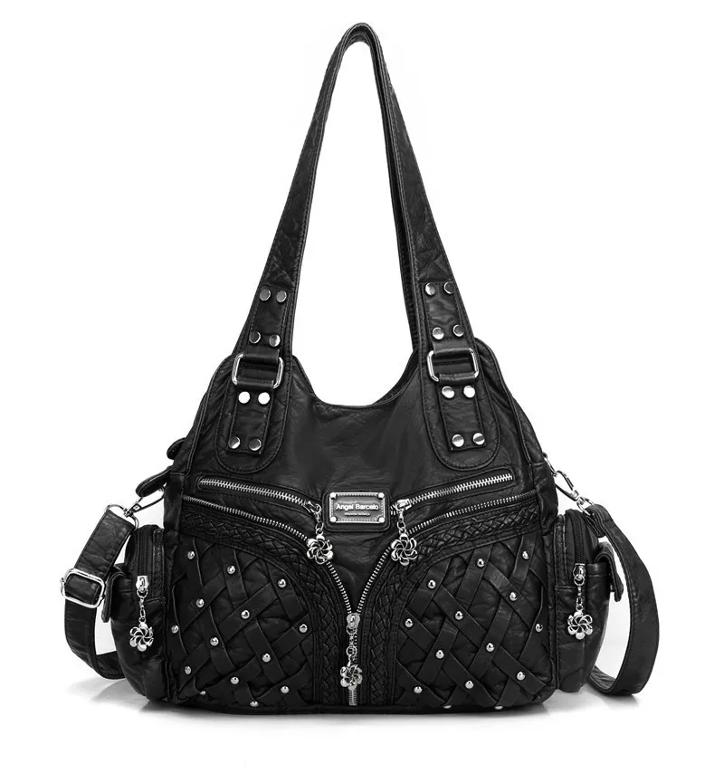 Angel kiss Brand Women Rivet Decorated Fashion Handbag in Soft Eco friendly Washed Material with