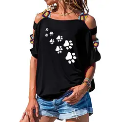 Принт "кошачьи следы" Женская футболка смешные изделия из хлопка футболка для женские с короткими рукавами сексуальная открытая Наплечная