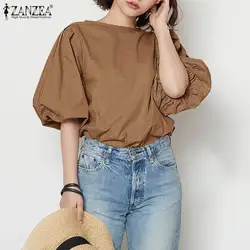 Summer Women Solid Half Puff Sleeve Blouse ZANZEA Casual Elegant Chemise Vocation Holiday Tunic Tops Female Office Work Blusas