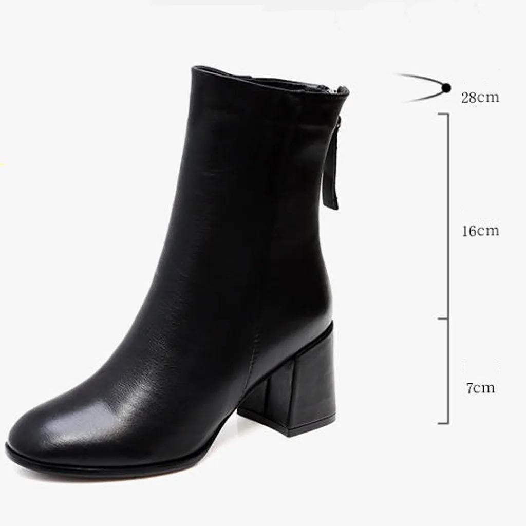 Winter Women Boots Casual Handmade Zipper Round Toe 7 Cm High Heel Shoes High Quality Pu Leather Lady Boots Plus Size 35-40#J30