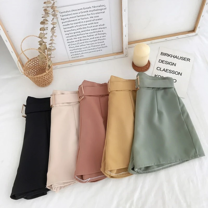 Office Elastic Waist Shorts Women Mini High Waist Shorts With Belt Wide Leg Summer 2020 Harajuku Korean Short Feminino
