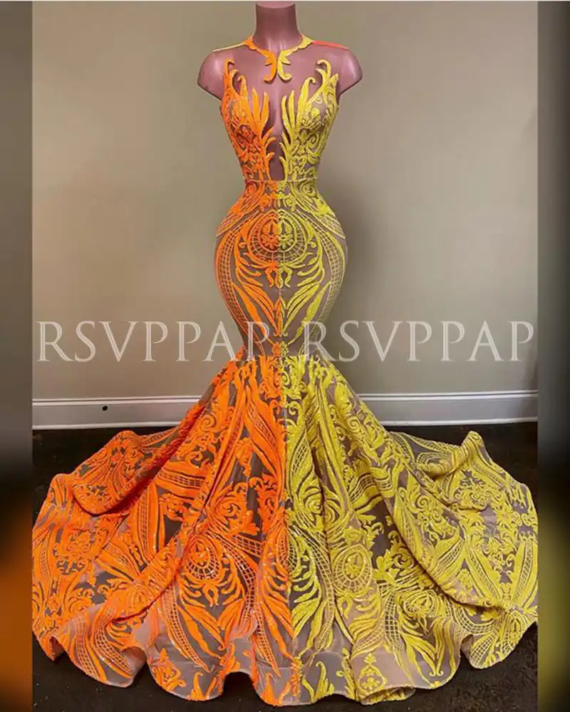 See Through Yellow One Shoulder Prom Dresses Sequins Lace Applique Side