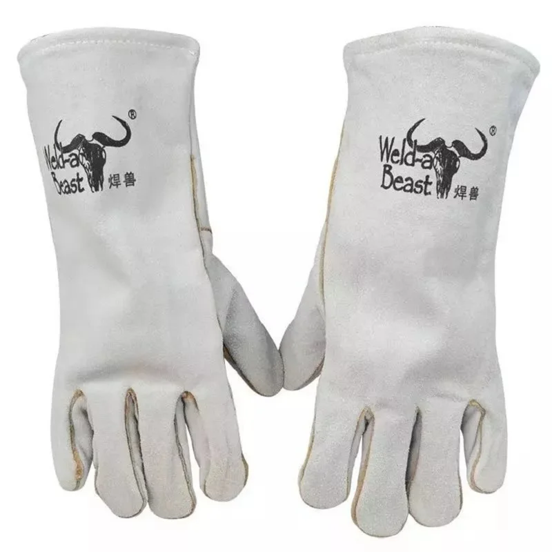 Кожаные сварочные перчатки удлиненные 36 см высокая температура износостойкие сварочные перчатки изоляция пожарная линия левая и правая