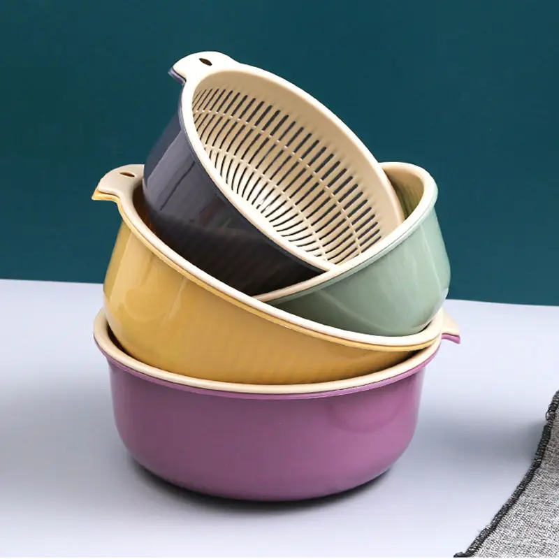 Kitchen Double Drain Basket Bowl Washing Storage Basket Strainers Bowls
