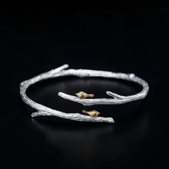 

Real 925 Sterling Silver Retro Branch Gold Bird Bangles For Women Chinese Style Handmade Vintage Jewelry 925-15