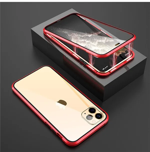 360 металлический магнитный адсорбционный чехлы чехол для телефона iPhone11 11 Pro MAX XR XS MAX X 7 8 6 6S Plus двойное закаленное стекло чехол чехлы на для айфон11 11 Pro Max xr xs max 7 8 6 6s плюс - Цвет: red
