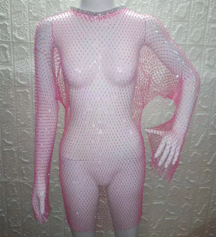 VIKINII Long Sleeve Hollow Summer Beach Crystal Dress 2020 Sexy Women Cover Ups Rhinestone Dresses Gold Beach Female Cover Ups