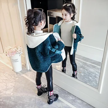 

2019 Autumn Winter Girls Jackets Faux Fur Coats Kids Thick Warm Clothes Children Girls Hooded Fashion Outwear Casual Trench B21
