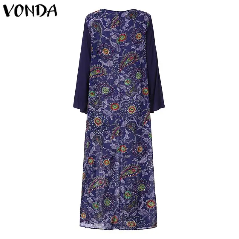 VONDA женское платье поддельные из двух частей лоскутное Макси длинное платье цветочный принт вечерние платья-рубашки богемные платья плюс размер Халат