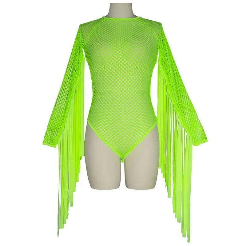 Неоновый зеленый сетчатый сексуальный боди с кисточками и длинным рукавом, прозрачный комбинезон для женщин, вечерние костюмы для праздников