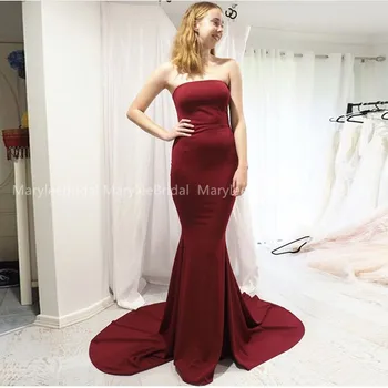 

Fabulous Burgundy Evening Dress Strapless Mermaid Satin Prom Dress 2020 Simple Sexy Trumpet Chapel Train robes de soiree Cheap