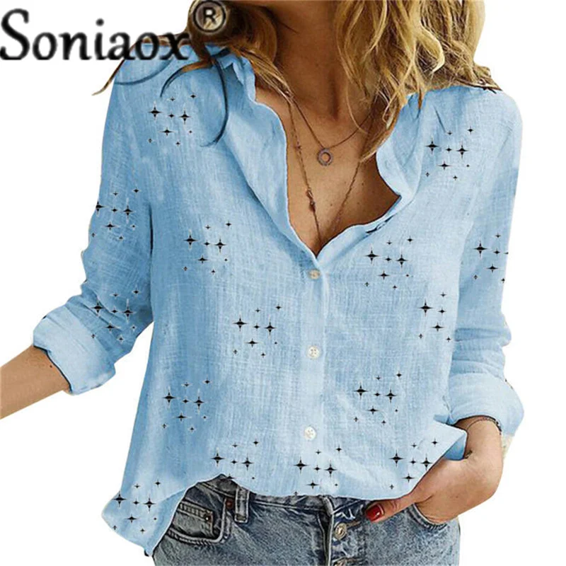 2021 Fashion Elegant Oversized Tops Casual Long Sleeve Star Print Cotton Linen Loose Blouse Office Ladies Button Lapel Shirts