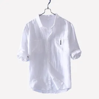 

High quality youth cotton hemp seven sleeve shirt white small fresh linen casual shirt men's middle sleeve shirt tops size S-2XL