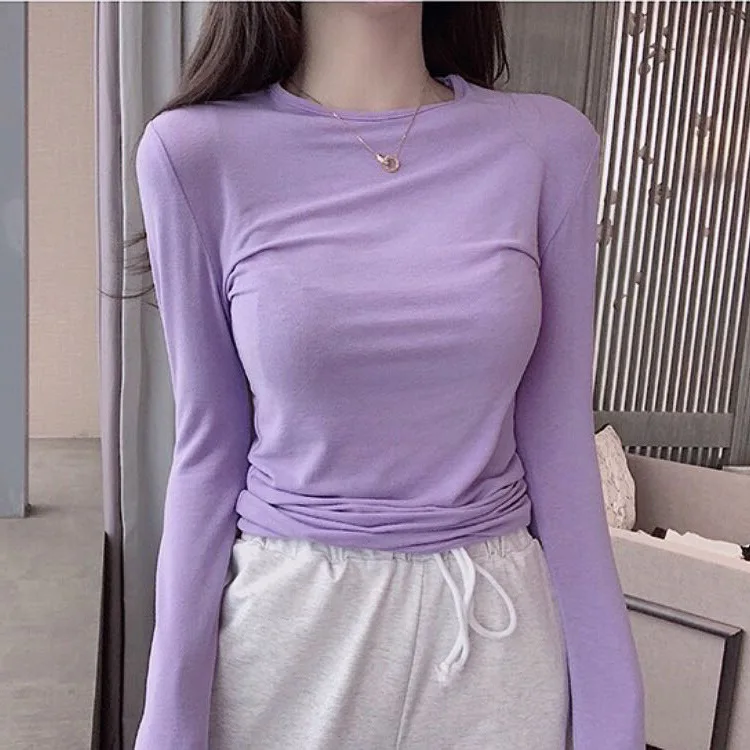 Korean-style Purple Long Sleeve Slims Fit Underwear Base Shirt Female Spring and Autumn 2020 New Style | Женская одежда