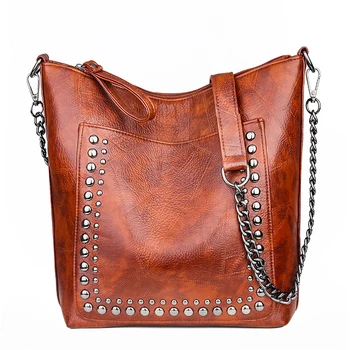 

Fashion Women Leather Shoulder Chain Bag Large Capacity Bucket Tote Rivet Bag Ladies Big Casual Bags