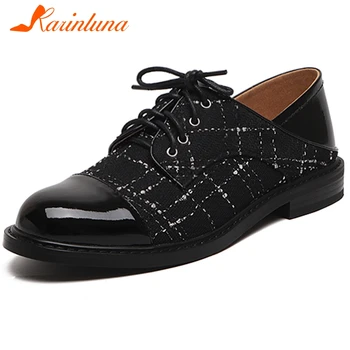 

KARINLUNA Retro Fashion Female Spring Office Flats Lace Up Mixed Colors Round Toe Patent Leatehr Flats Women Shoes Woman
