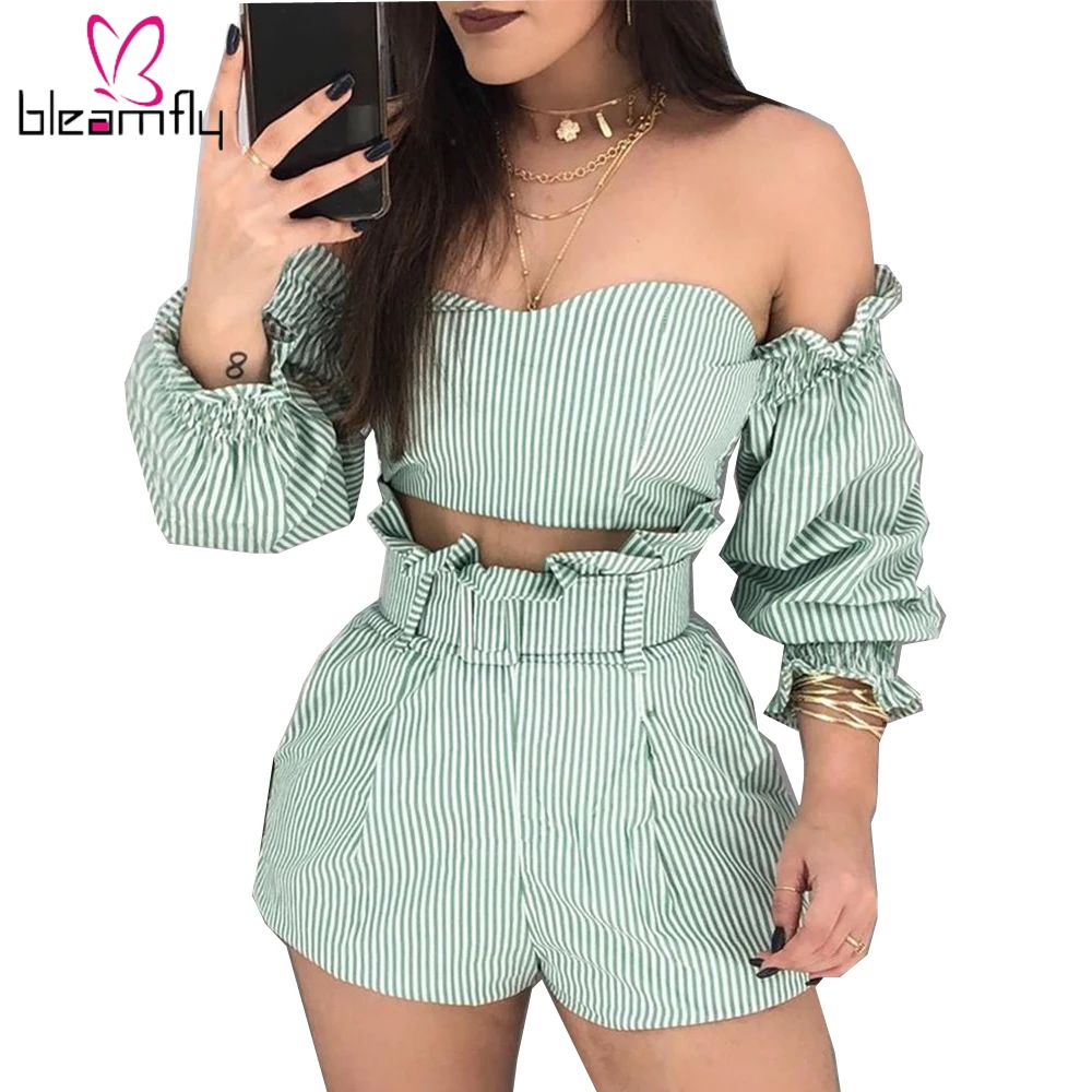 

2019 Summer Women Off Shoulder Long Sleeve Stripes Printed Blouse Shirt Shorts Suits Two Piece Sets Fashion Tracksuits Outfits