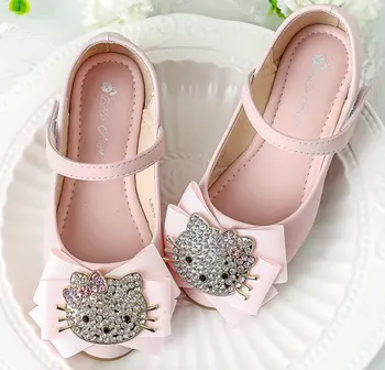 

2020 New Hello kitty Children Kids Princess Shoes Leather Shoes Flat soft Girls Sandals Dress Kids Leather Glitter Dance Shoes