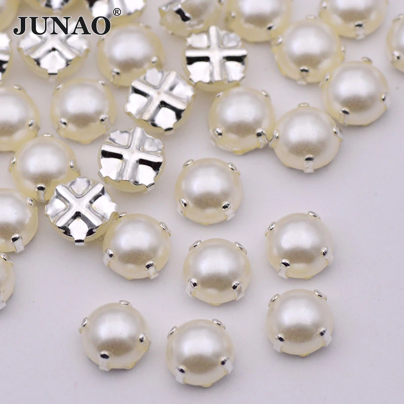 JUNAO-100pcs-6-7-8-mm-Sewing-White-Pearl-Beads-Rhinestones-Sew-On-Half-Round-Pearl