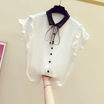 

Elegant Ruffles Women Shirts 2020 Summer New Turn-Down Collar Short-Sleeved Solid Lady Elegant Shirts Outwear Tops