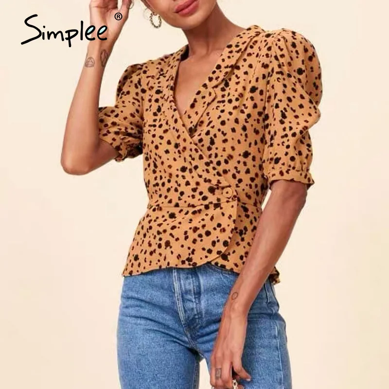 Simplee винтажная леопардовая женская блузка рубашка половина рукава v образный