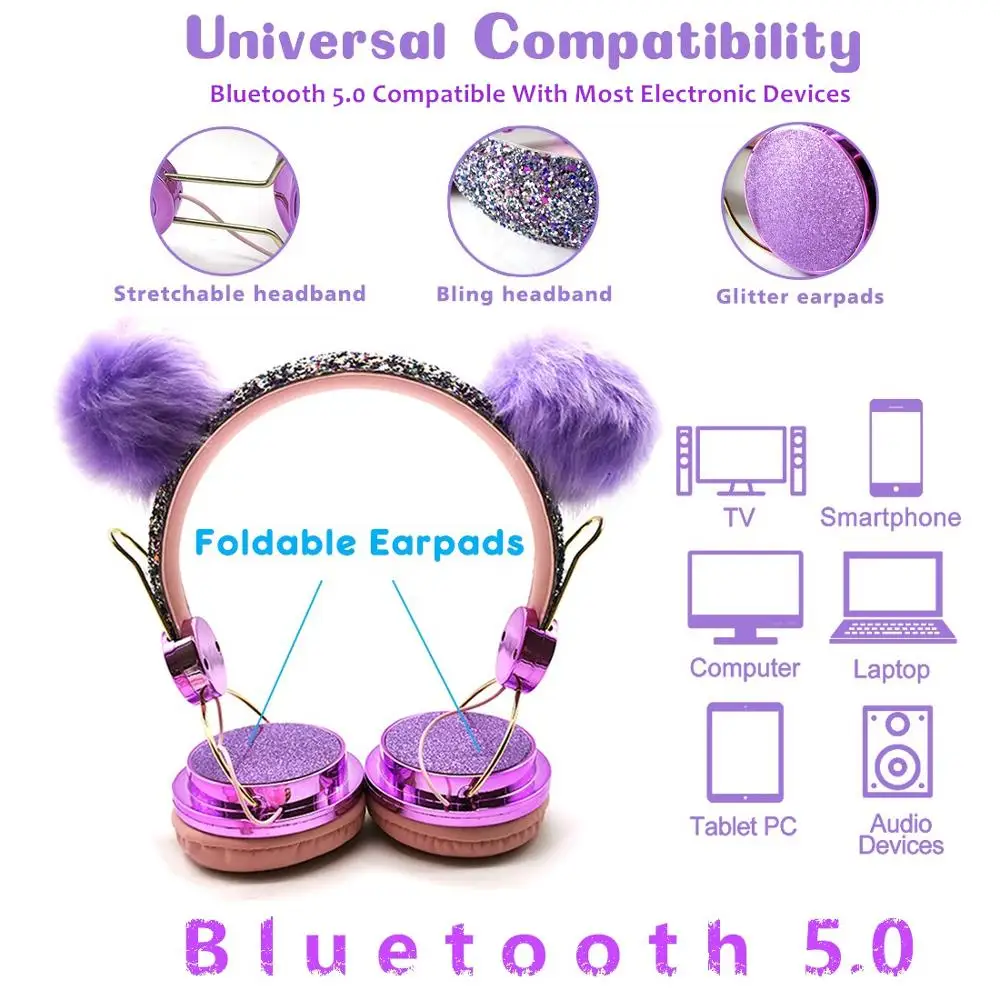 Bluetooth Cute Kids Wireless Headphone with Microphone Girls 3 5mm Music Stereo Earphone Computer Mobile Phone Cat Headphones