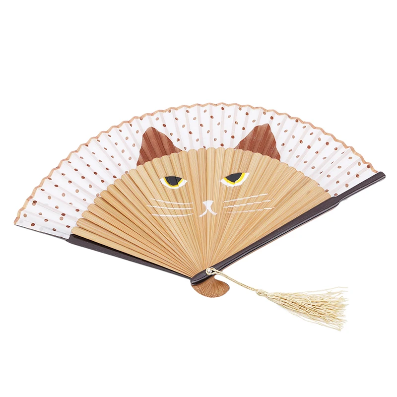 2 Style Cute Hollow Out Hand Folding Fans Cartoon Cat Folding Silk Fan Handheld Fan Outdoor Dancing Wedding Party Decoration - Color: brown