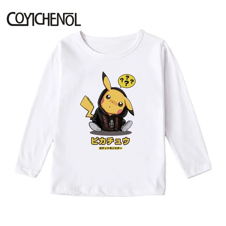 Детская футболка с покемоном; Picachu; детская футболка; коллекция года; сезон лето; От 2 до 12 лет Детская футболка с длинными рукавами и рисунком; топы с рисунками - Цвет: Черный